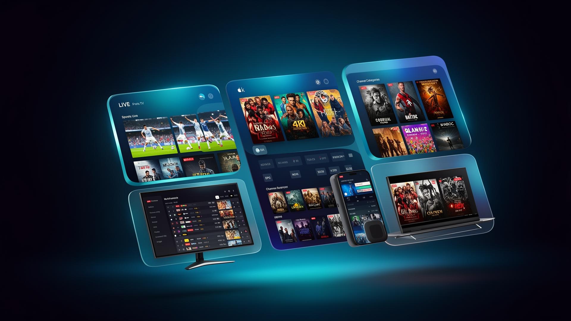 IPTVUK preview with live sports, 4K movies and channel guide on multiple devices